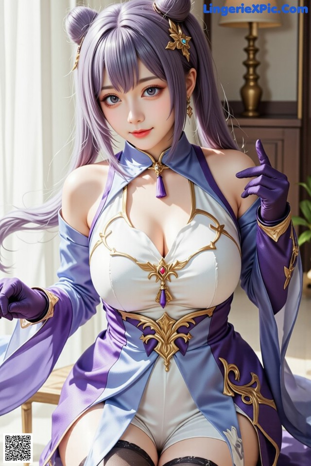 A woman in a purple and white outfit sitting on a chair.